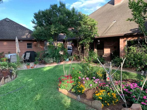 Bright layered seasonal flower bed in a landscaped Houston yard